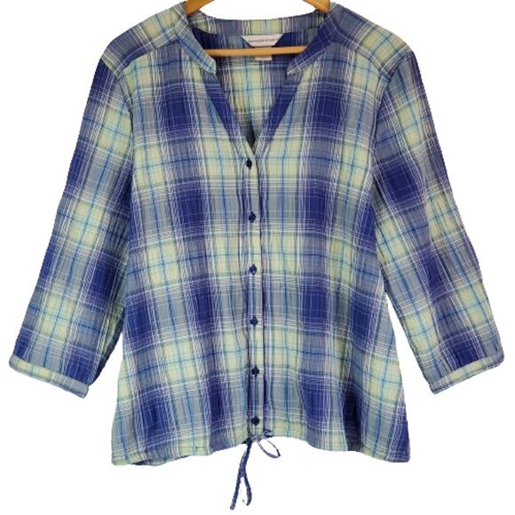 Christopher & Banks Blue Green Plaid V Neck Button Front Long Sleeve Tunic Large - Picture 1 of 8